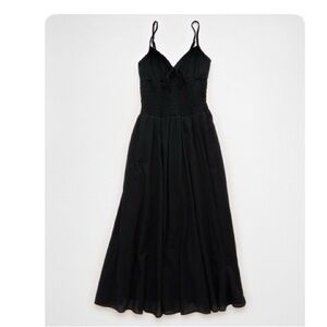 Aerie Black V-Neck Smocked Bodice Midi Dress